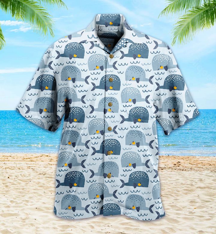 Blue Yellow Whale Waves Hawaiian Shirt 3D