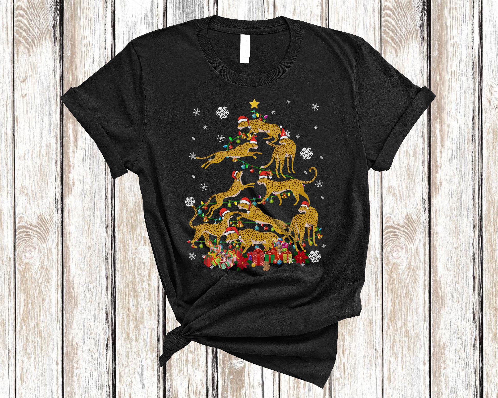 Santa Leopard Christmas Tree Cute Christmas Light Santa Leopard On Tree Animal Lover T-Shirt