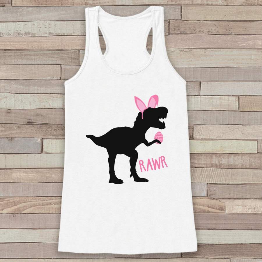 Womens Easter Shirt – Funny Easter Bunny Dinosaur Tank Top – Dino Bunny Ears – Womens Tank – Funny Happy Easter Outfit – White Tank Top