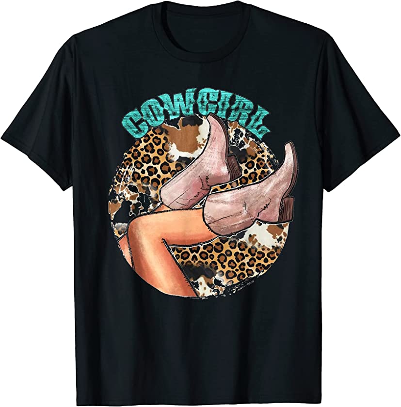 Texas Cowboy Boots Turquoise Leopard Cow Print Cowgirl T-Shirt