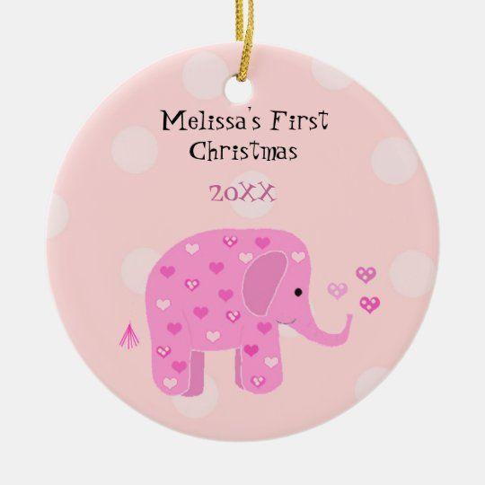 Personalized Ornament Pink Elephant Baby First Christmas Customized Circle Ornament