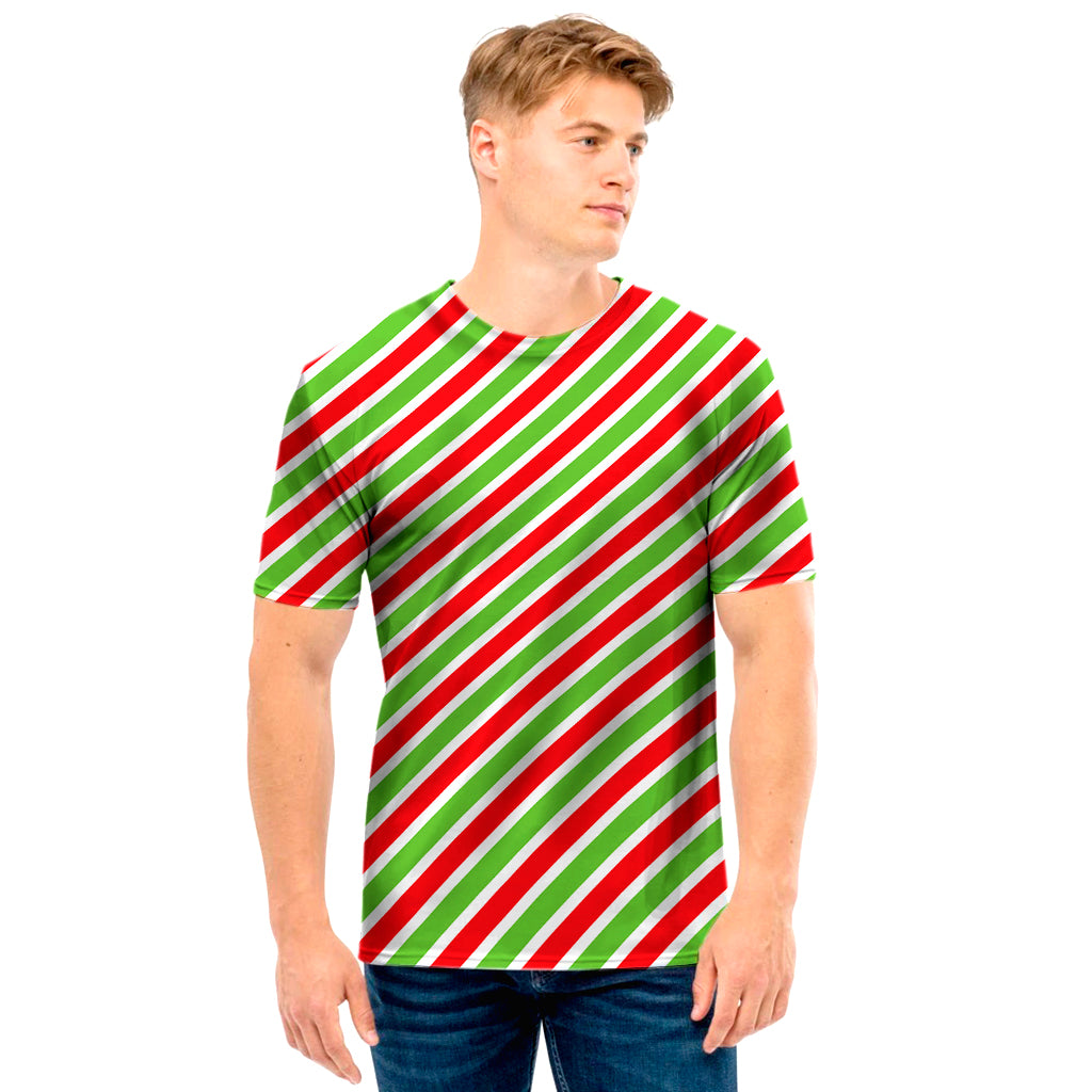 Red Green And White Candy Cane Print Men’S T-Shirt