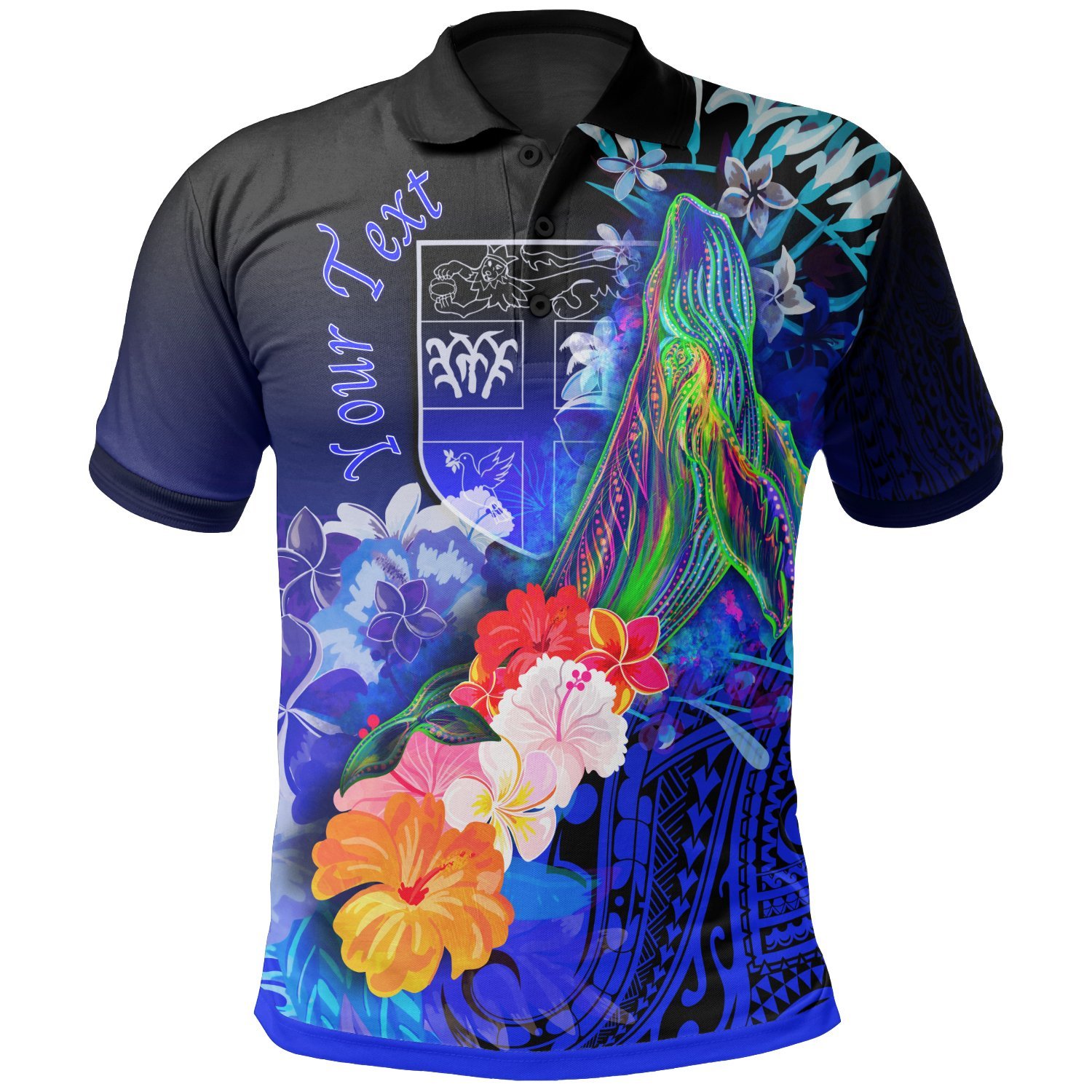 FIJI Personalised Polo Shirts – Humpback Whale with Tropical Flowers (Blue)- BN18