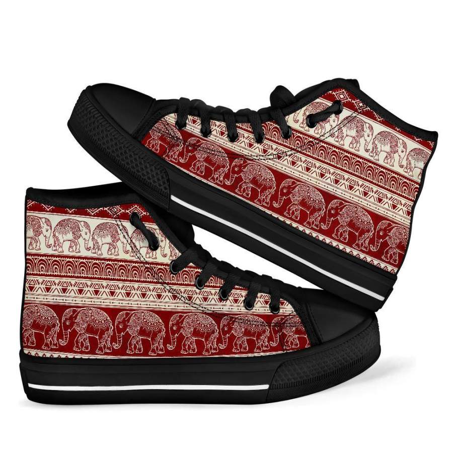 Red Aztec Elephant Pattern Print Men Women’s High Top Shoes