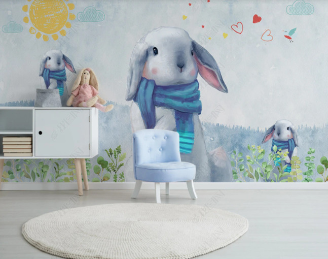 3D Hand Drawn Animal Rabbit Mountains Plant Leaf Sun Love Wall Mural Wallpaper Lll 2846