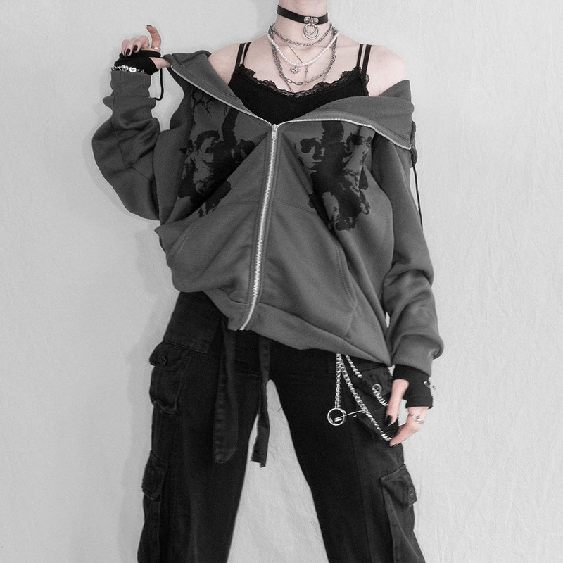 Y2K Zip Up Hoodies Woman Gothic Oversized Retro Harajuku Sweatshirts Long Sleeve Black 2022 New Gothic Punk Casual Hooded Jacket alx