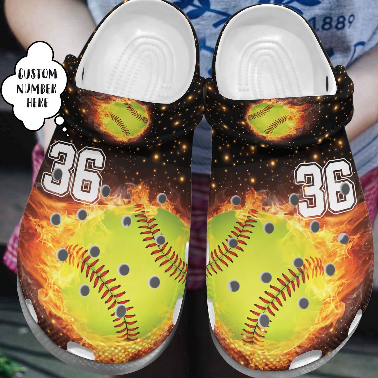 Softball Personalized Personalize Clog, Custom Name, Text, Fashion Style For Women, Men, Kid, Print 3D Whitesole Fire Ball