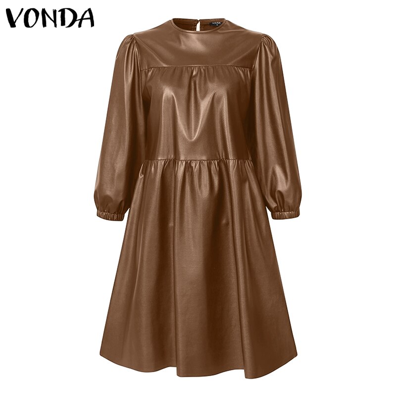 Autumn Winter Elegant PU Leather Dress 2022 VONDA Elegant 3/4 Sleeve Women Mini Dress Causal High Waist Pleated Party Vestidos alx