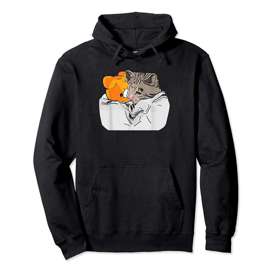 Sad Kitten Cat Crying bed with Teddy Meme Hoodie