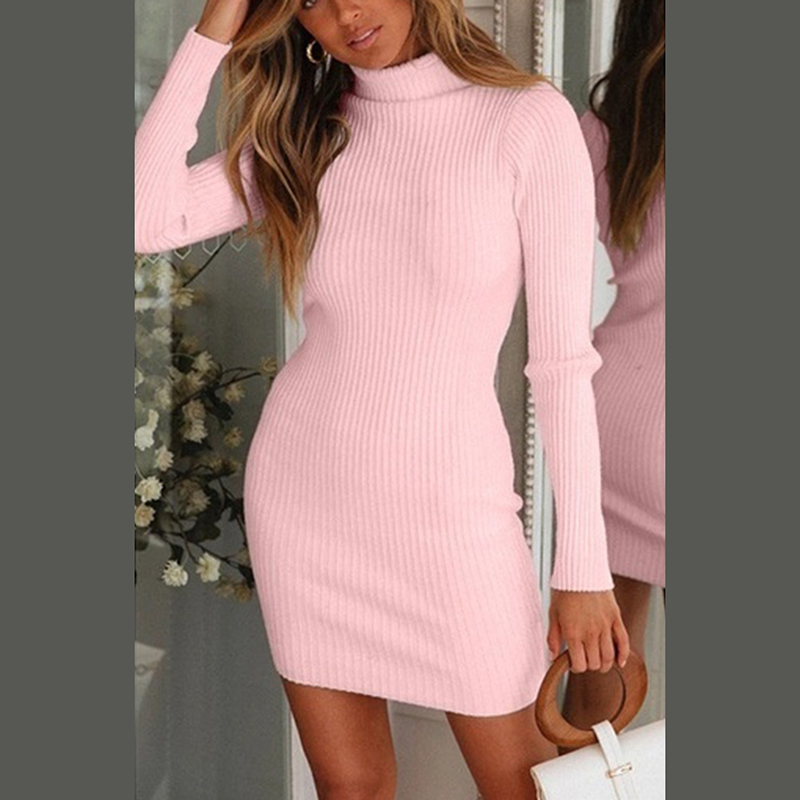 Autumn Winter Warm Long Sleeve Women Knitted Sweater Dress Pink Turtleneck Sweaters Pullover Jumper Female Clothes alx