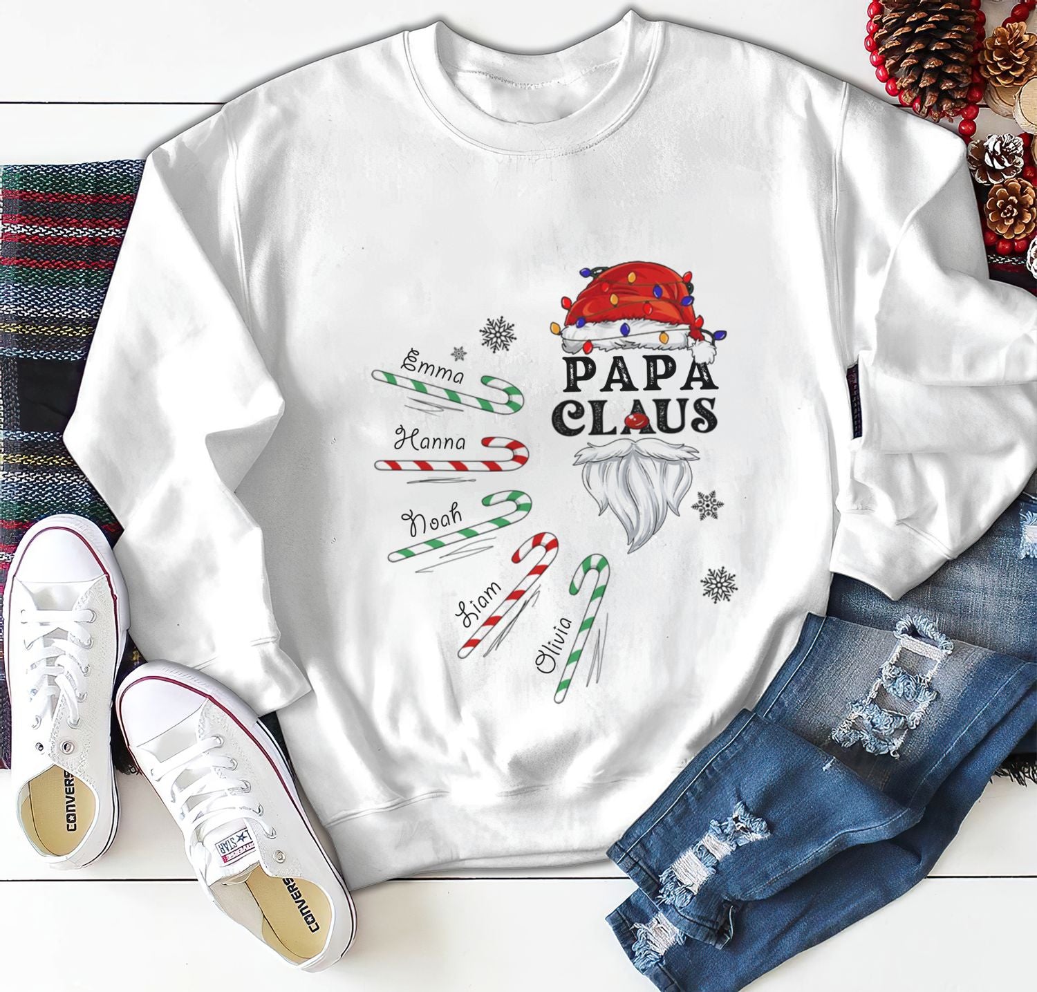 Personalized Hoodie Sweatshirt For Grandpa Grandma Claus Candy Cane Printed Custom Grandkids Name