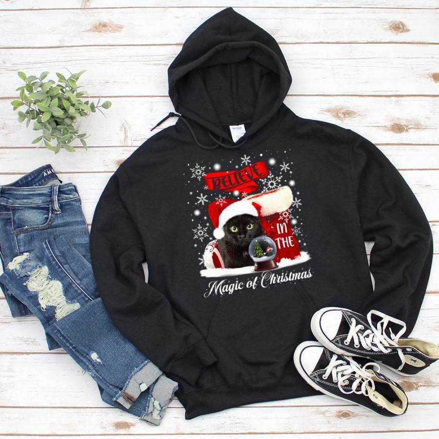 Black cat christmas believe in the magic of christmas snowflakes santa hat winter season gift black hoodie for men and women S-5XL