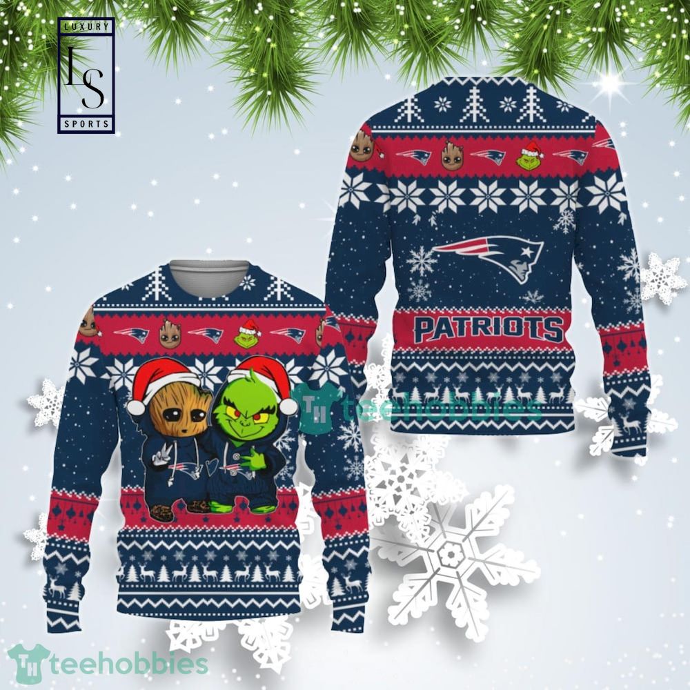 New England Patriots Baby Groot And Grinch Best Friends Gift For Fan Ugly Wool Sweater Christmas