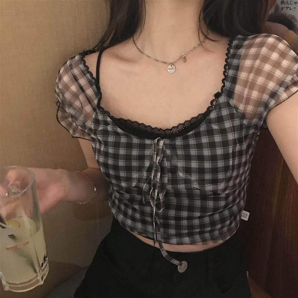 2021 Summer New Plaid Tshirts Women Retro Square Collar Shirt Casual Lace Tees Puff Sleeve Y2k Crop Tops Female Korean Fashion alx