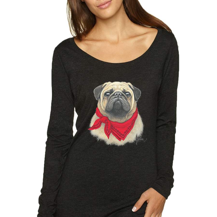 Pug Wearing Red Bandana Animal Lover Womens Scoop Long Sleeve Top