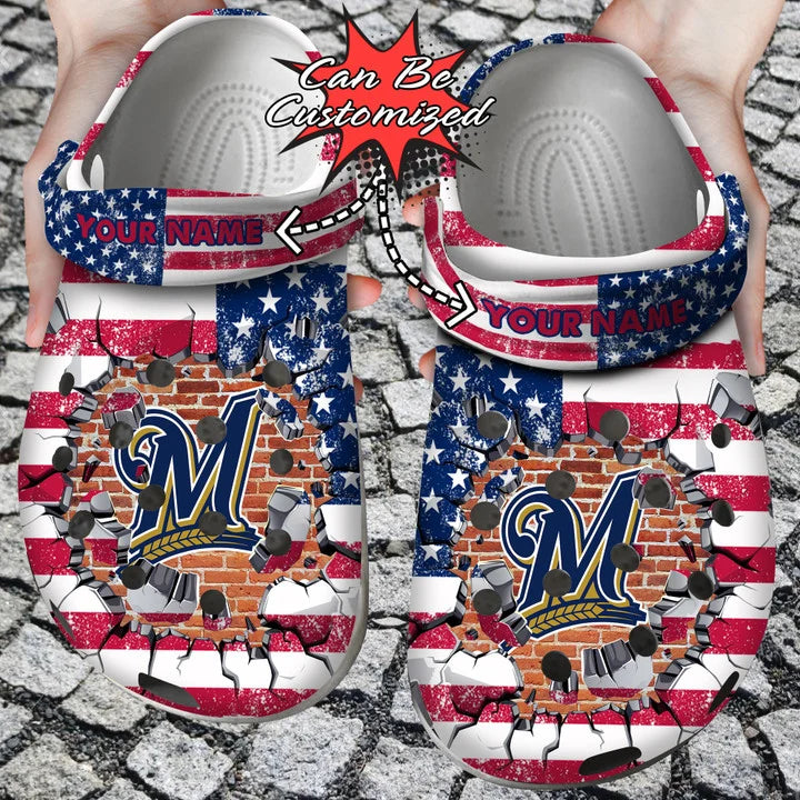 Baseball Crocss – Personalized M.Brewers American Flag Breaking Wall Clog Shoes