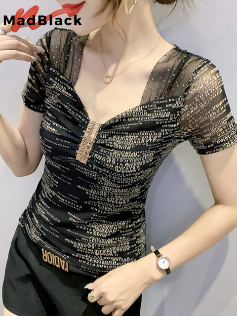 Summer European Clothes Mesh Thin T-Shirt Chic Sexy Letter Beads Diamonds Women Tops Bottoming Shirt Short Sleeve Tees T15719A alx