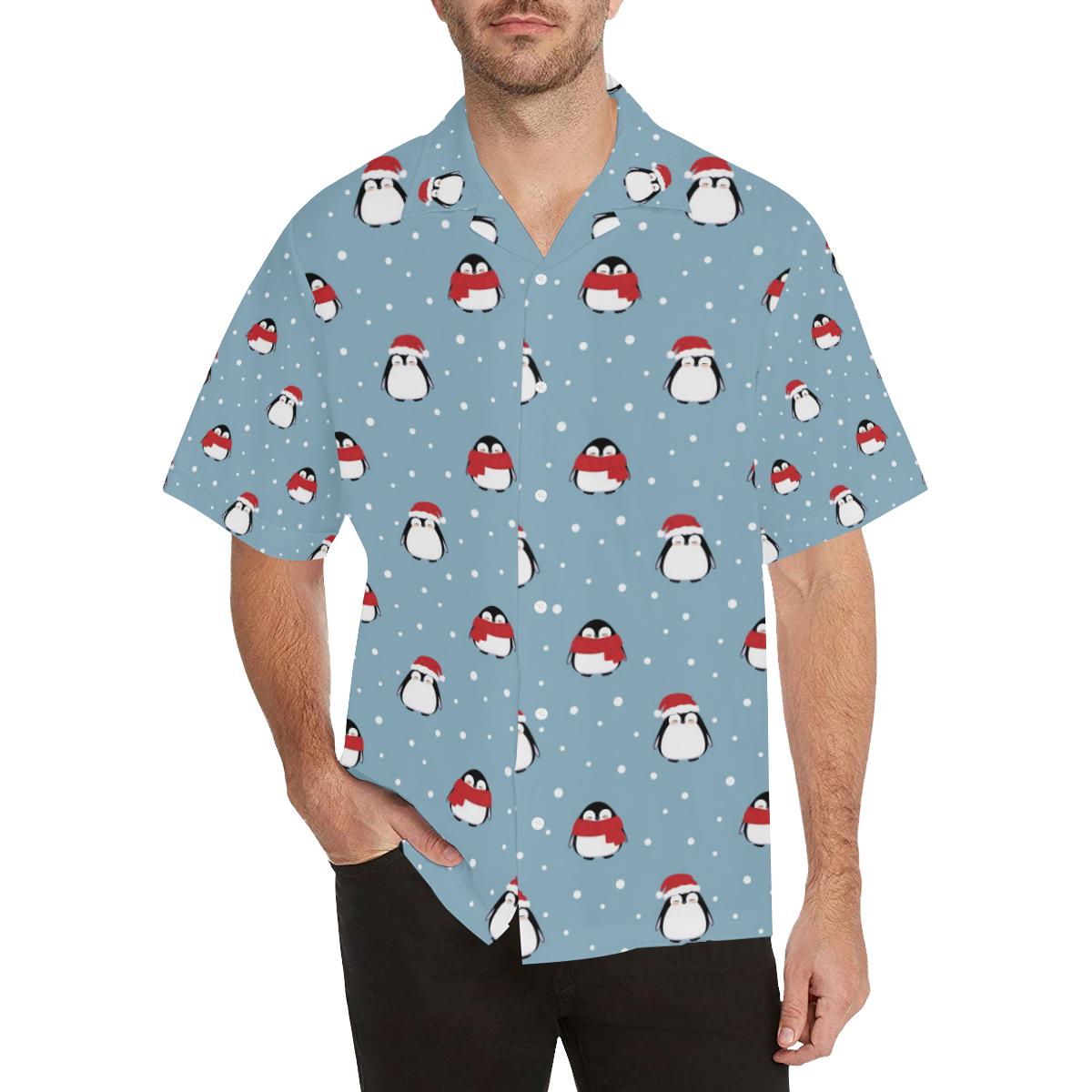 Cute penguin christmas snow pattern Men’s All Over Print Hawaiian Shirt