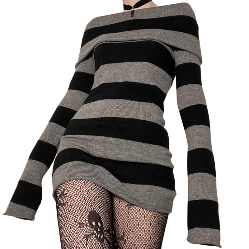 Y2K Striped Sweater Mini Dress Mall Goth Grunge Emo Bodycon Chic Women Off Shoulder Full Sleeve Slim Fit Dresses 00s Vintage alx