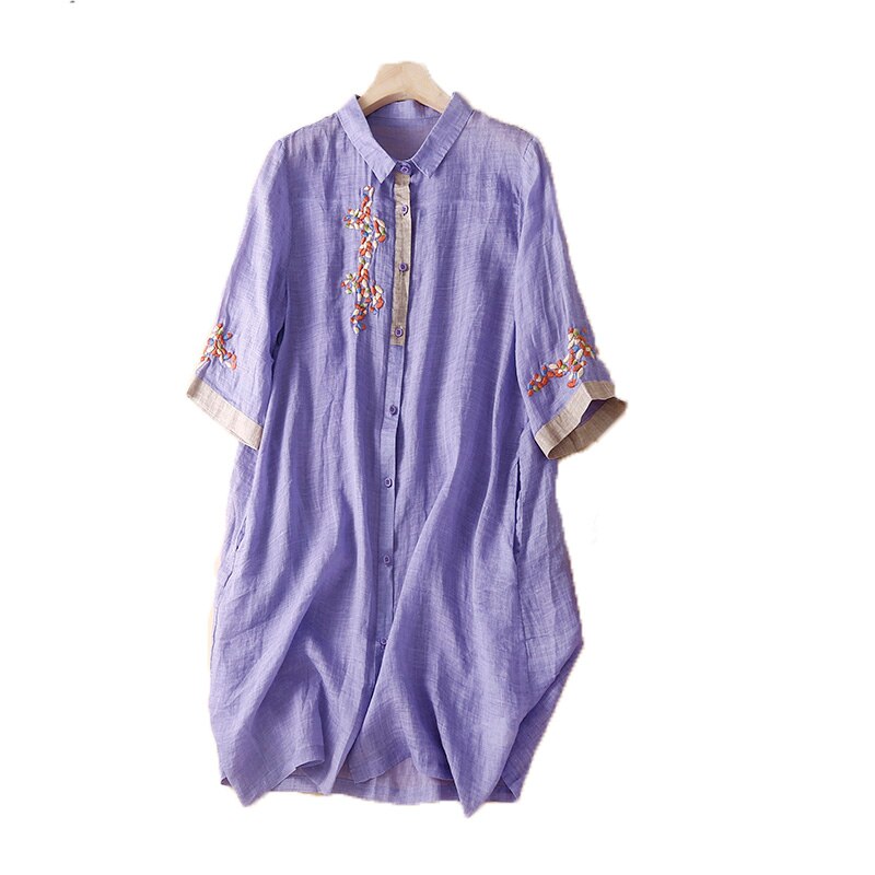 2022 New Arrival Japanese Style Embroidery Floral Thin Soft Loose Cotton Linen Chic Summer Blouse Dress Women Casual Midi Dress alx