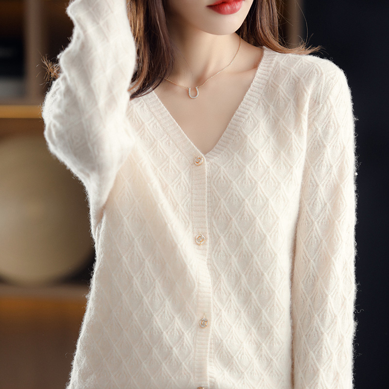 Autumn And Winter New Woolen Sweater Women’s Cardigan V-Neck Solid Color High-End 100% Pure Wool Knitted Fashion Sweater Top alx