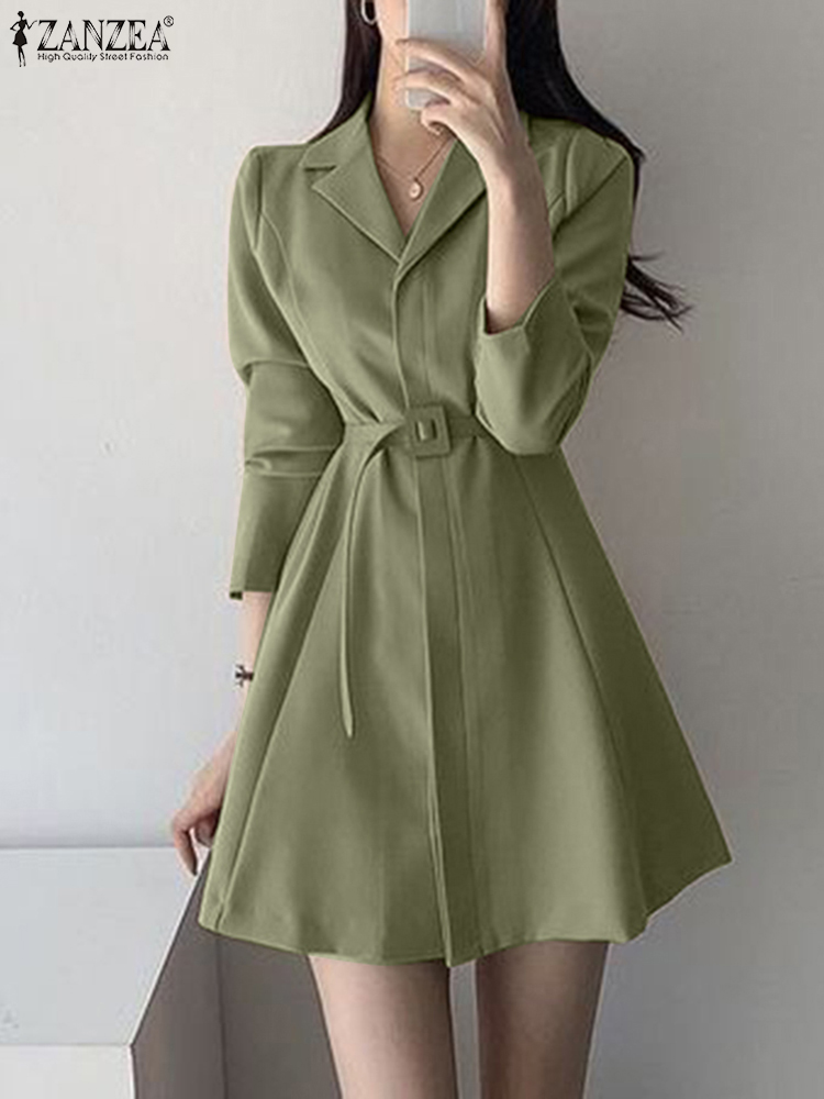 ZANZEA Elegant Solid Shirt Dress Women Casual Long Sleeve Mini Belted Female Lapel Robe Vestidos Ladies Office Vacation Sundress alx