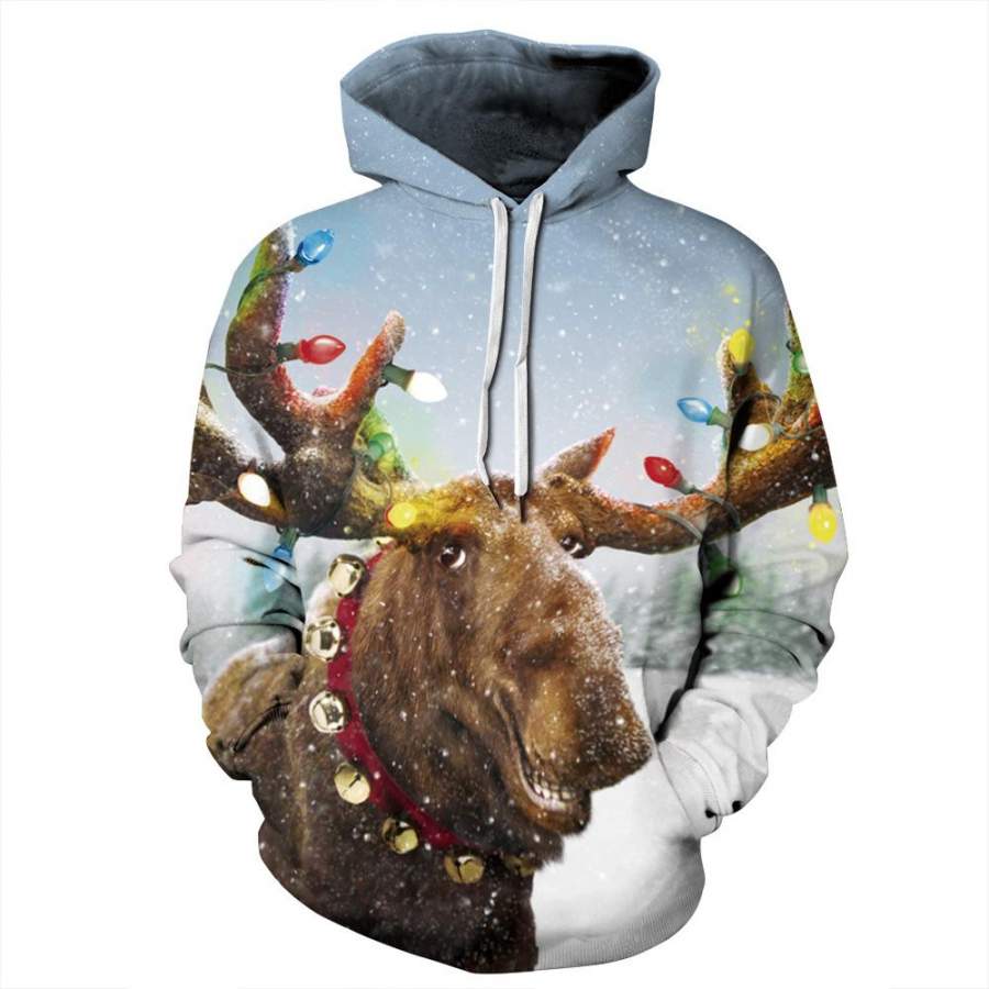 Blue White Reindeer Animal Print Christmas Hoodie Unisex Sweatshirt