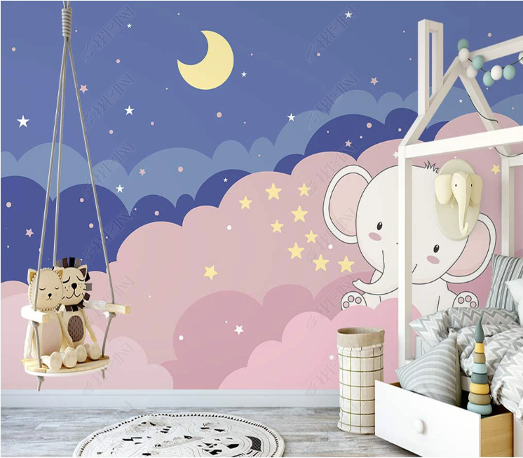 3D Cartoon Elephant Cloud Sky Star Wall Mural Wallpaper Lqh 371