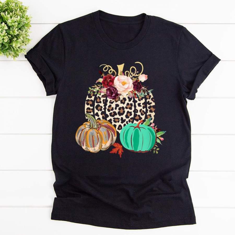 Fall leopard cheetah pumpkin rustic halloween thanksgiving black cotton t shirt for men and women S-6XL