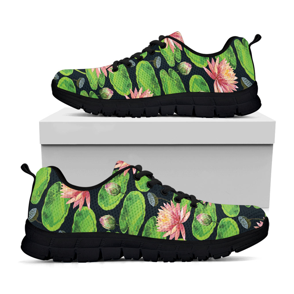 Water Lily Flower Pattern Print Black Sneakers