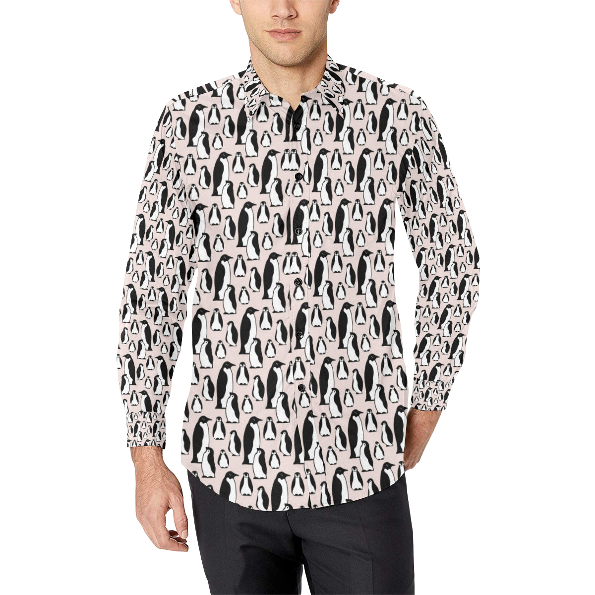 Penguin Themed Long Sleeve Dress Shirt