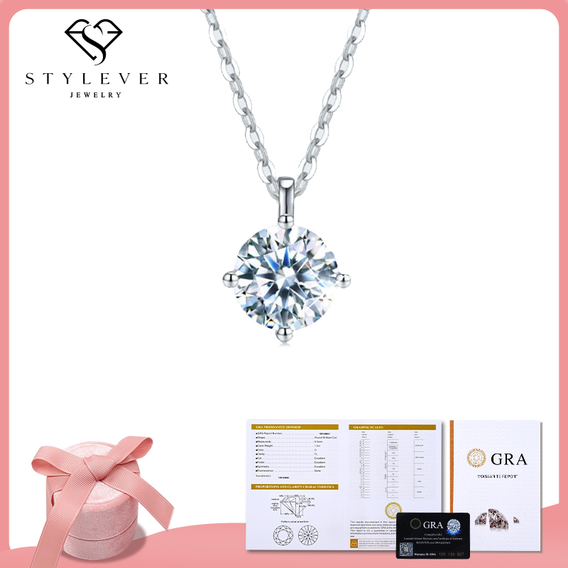 Stylever Luxury Certified Moissanite Diamond Classic Round Pendant Necklace for Women 925 Sterling Silver Chain Wedding Jewelry alx