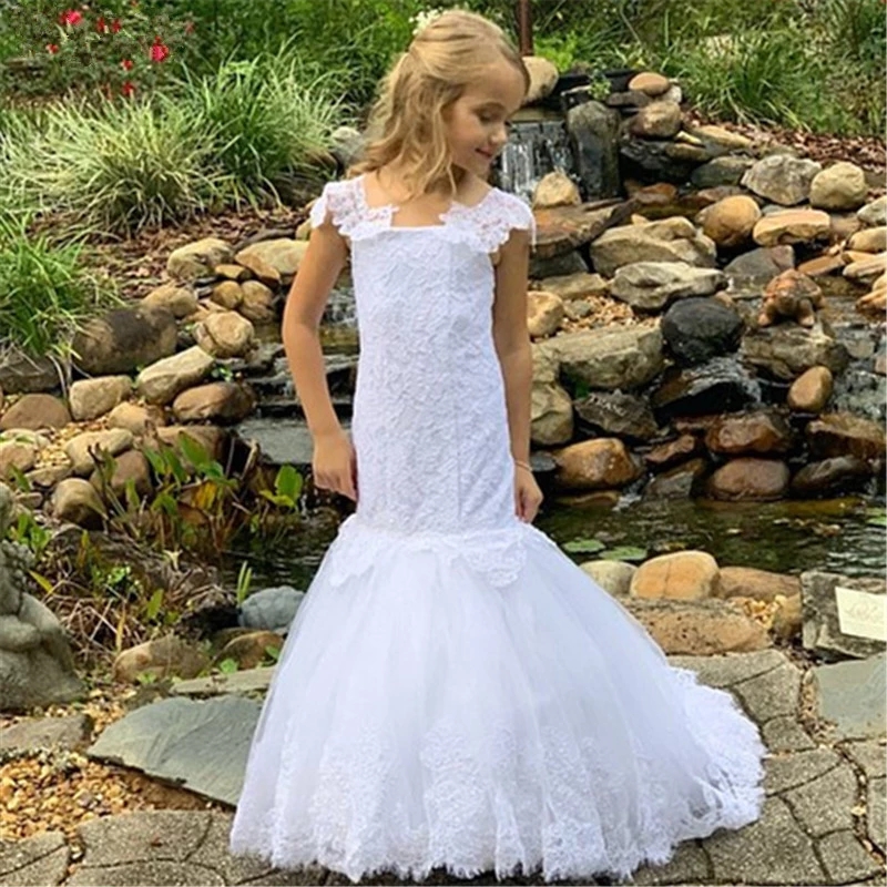 White Flower Girl Dresses for Wedding Spaghetti Straps Lace Appliqued Mermaid Little Girl’s Dresses Party Communion Gown alx