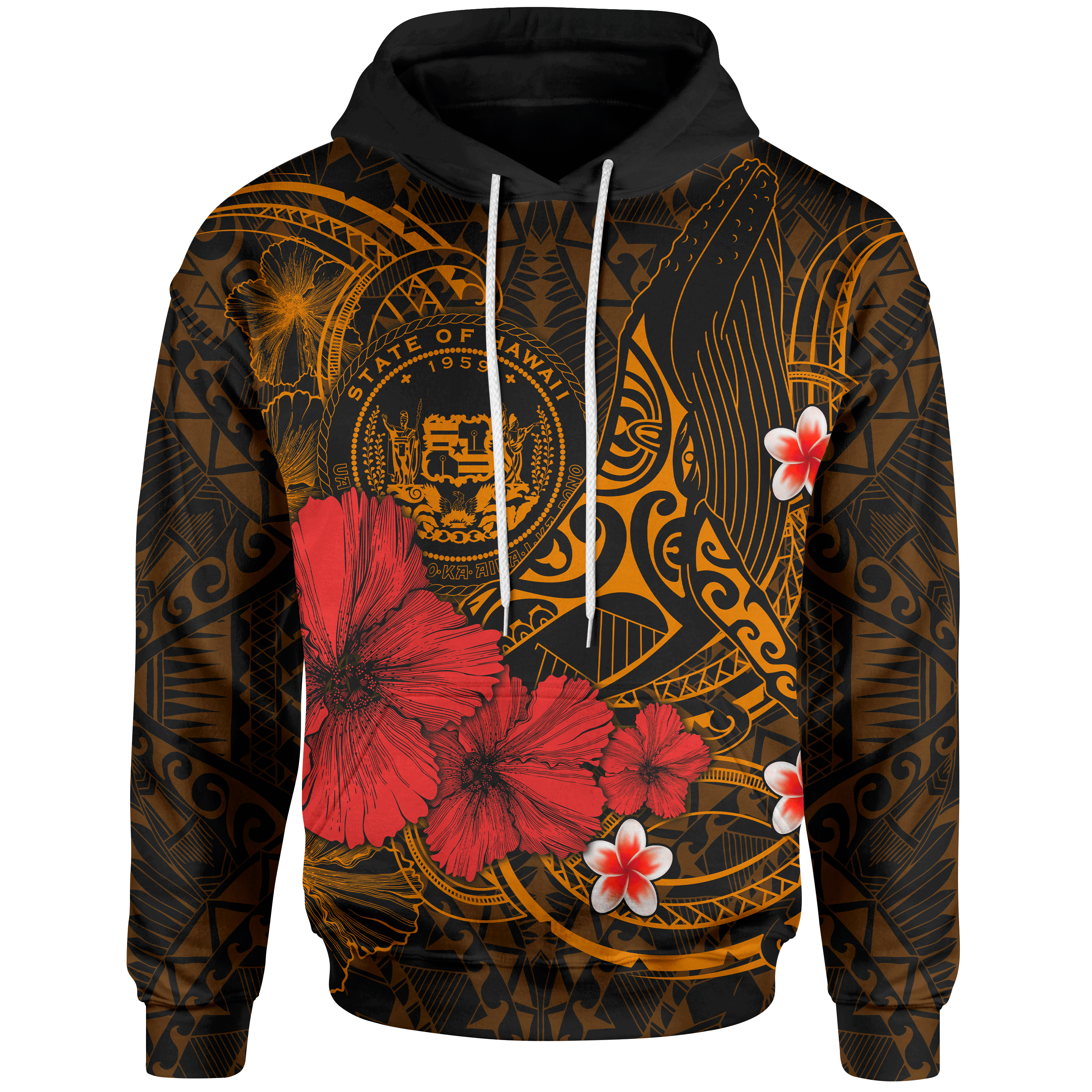 Polynesian Hawaii  Hoodie – Humpback Whale With Hibiscus (Golden)