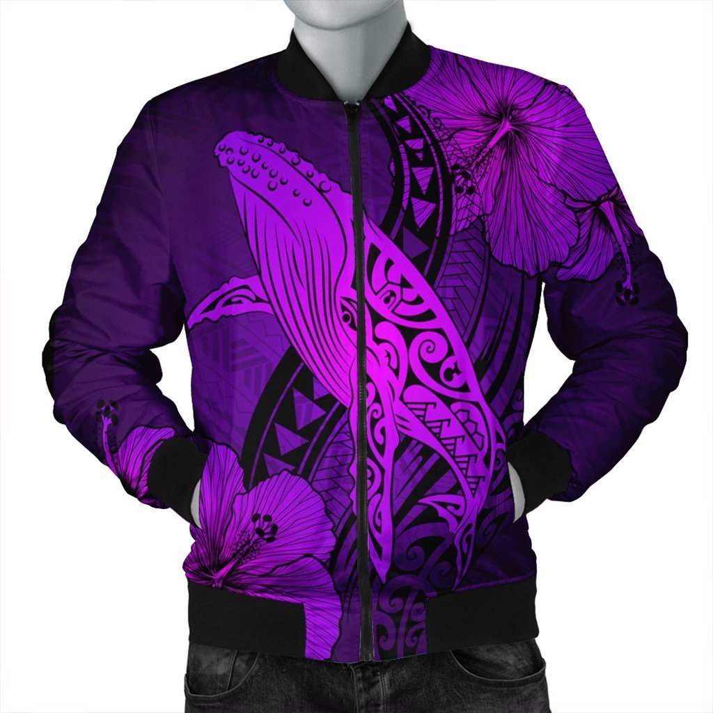 Hawaiian Map Whale Swim Hibiscus Polynesian Bomber Jacket – Purple