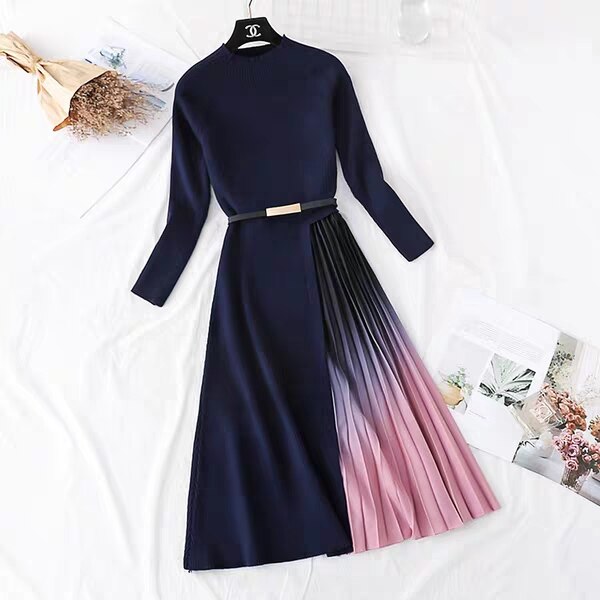 Autumn Winter Women Knit Elegant knee-length Pleated dress patchwork O-neck Vestidos women autumn long Sleeve party dress robe alx