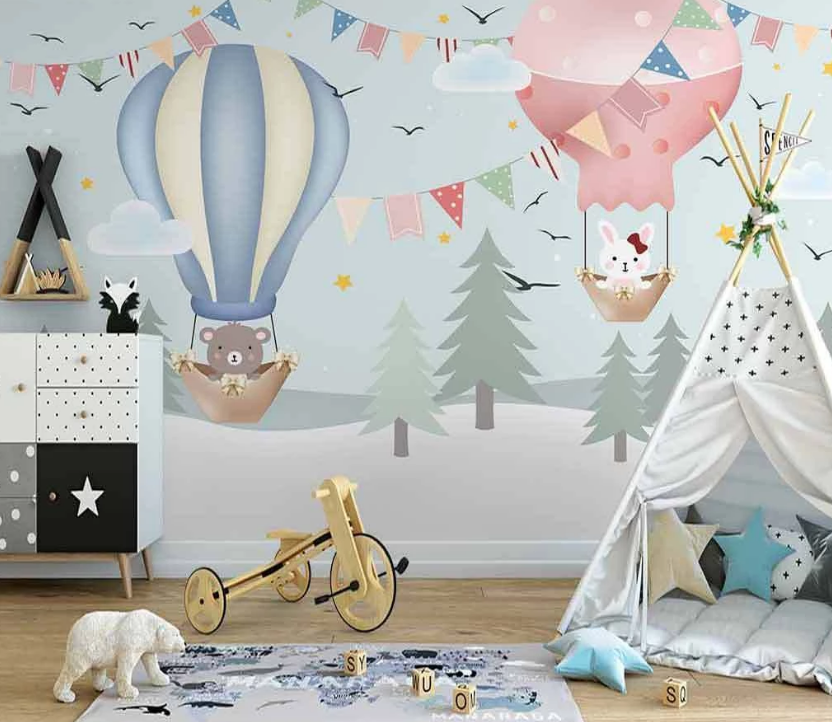 3D Cartoon Colorful Flag Hot Air Balloon Bear Animal Tree Plant Wall Mural Wallpaper Lxl