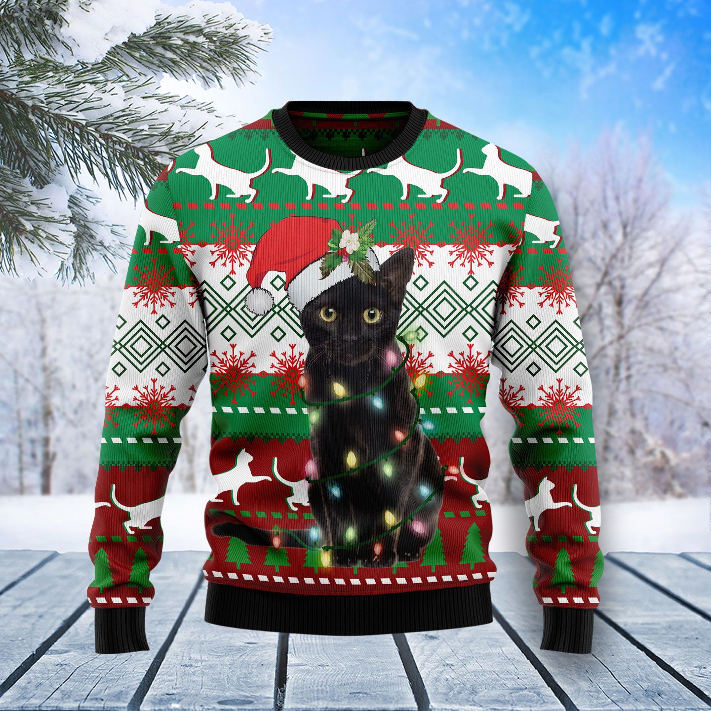 Black Cat Light Christmas Ugly Christmas Sweater | For Men & Women | Adult | Us5184