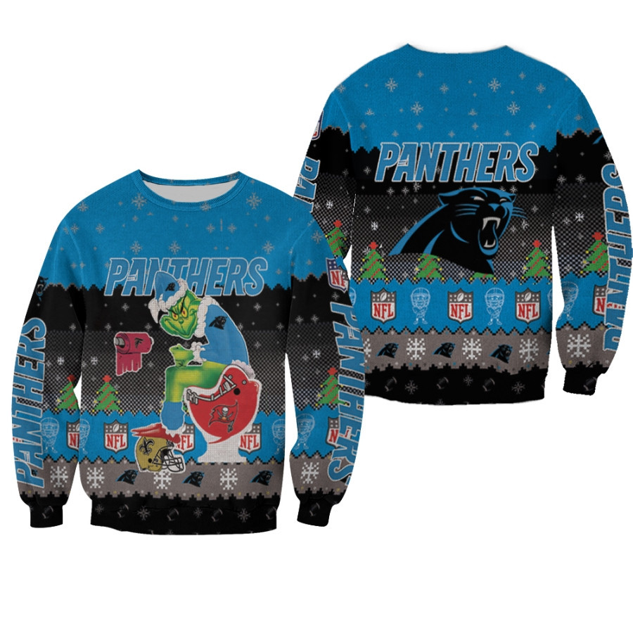 Santa Grinch Carolina Panthers Sitting On Buccaneers Falcons Saints Toilet Christmas Gift For Panthers Fans Ugly Sweater