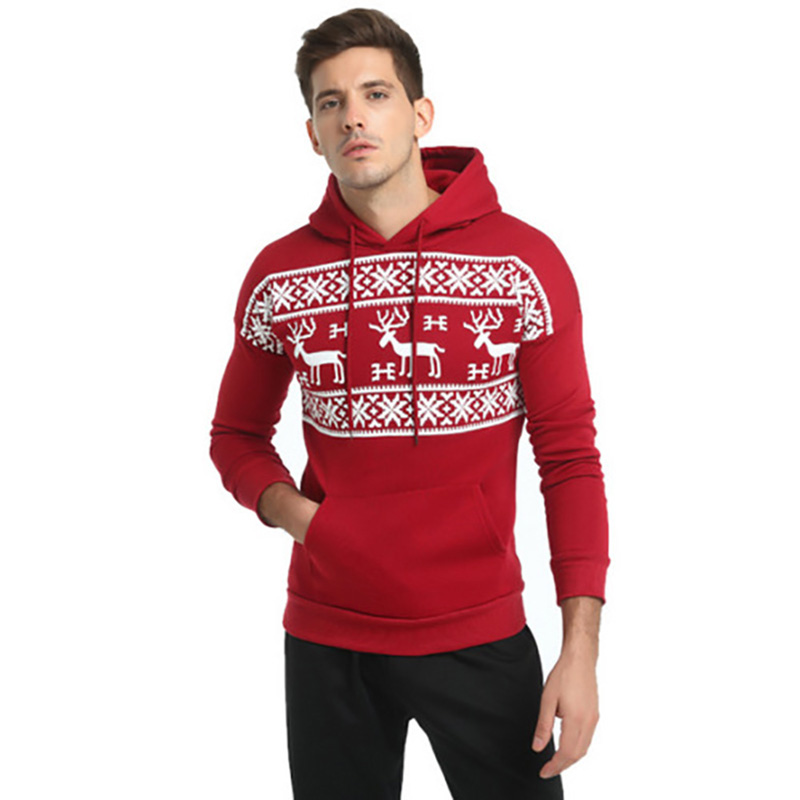 Christmas Snowflower Prints Pullover Winter Hooded Sweatshirt Men Black Red Sweater Men’s Elk Hood Kerst Trui Mannen Women alx