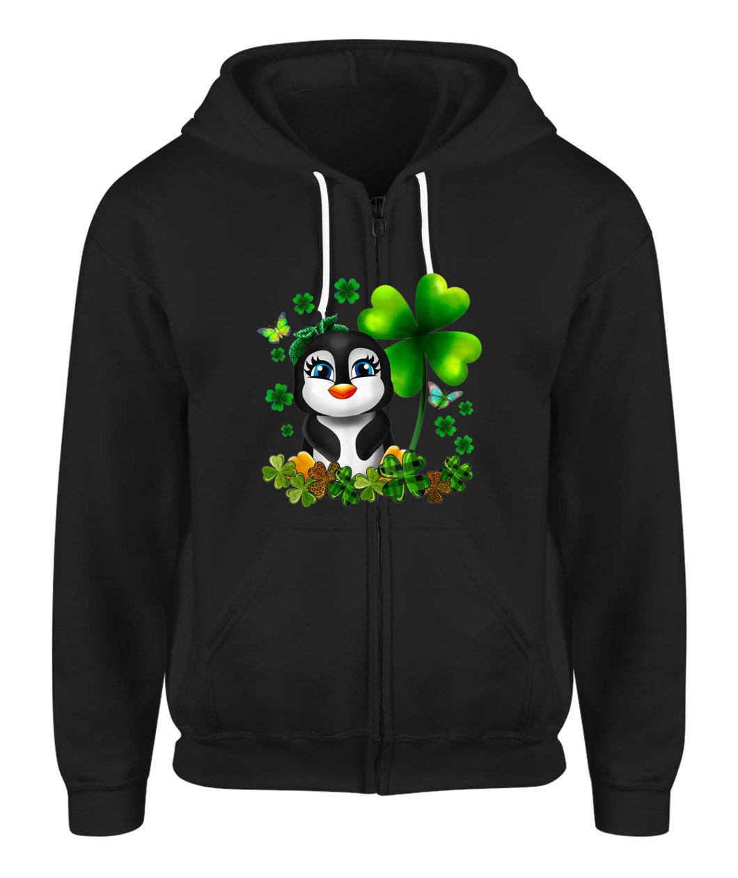 St Patricks Day Penguin Green Shamrock Zip-Up Hoodie