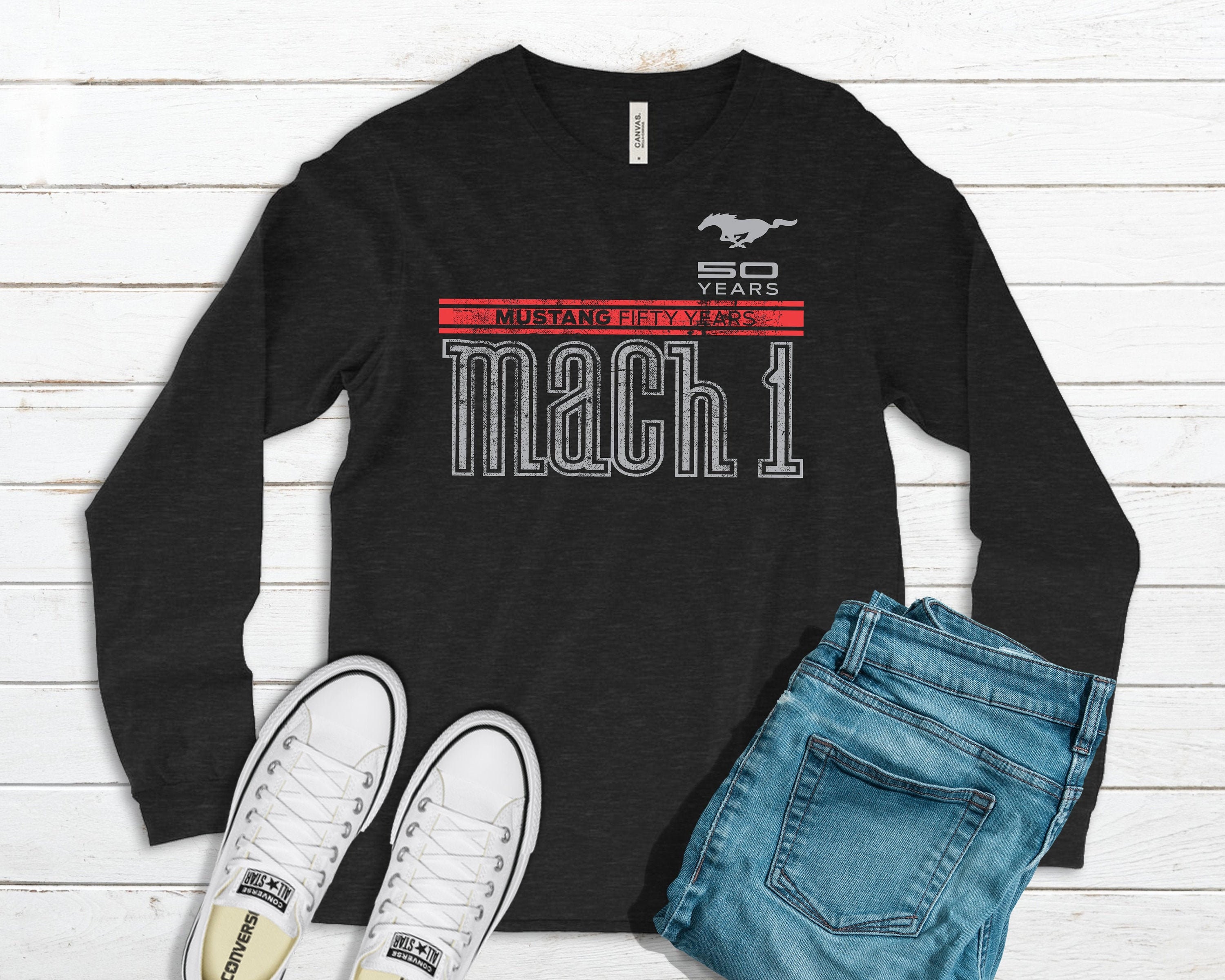 Ford Long Sleeve Tee, Mach I Long Sleeve Shirt, Mustang 50 Years, Vintage American Muscle Car Shirt