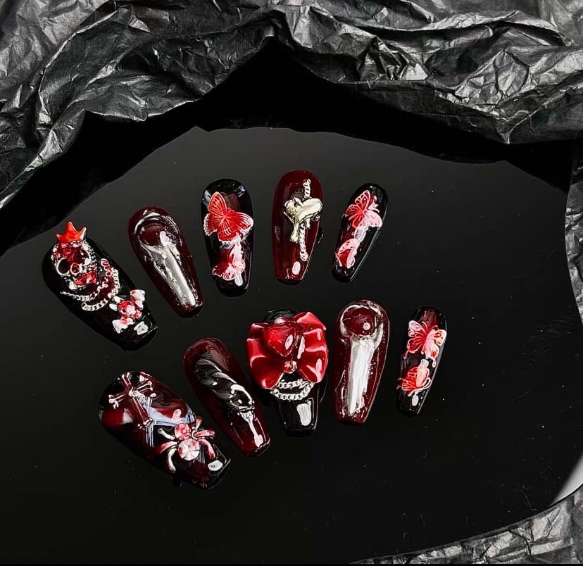 Bloody Skull Press On Nails/ Red and Black Gothic Nails/ Halloween Nails/ Bloody bow cross spider butterfly Nails/ #359