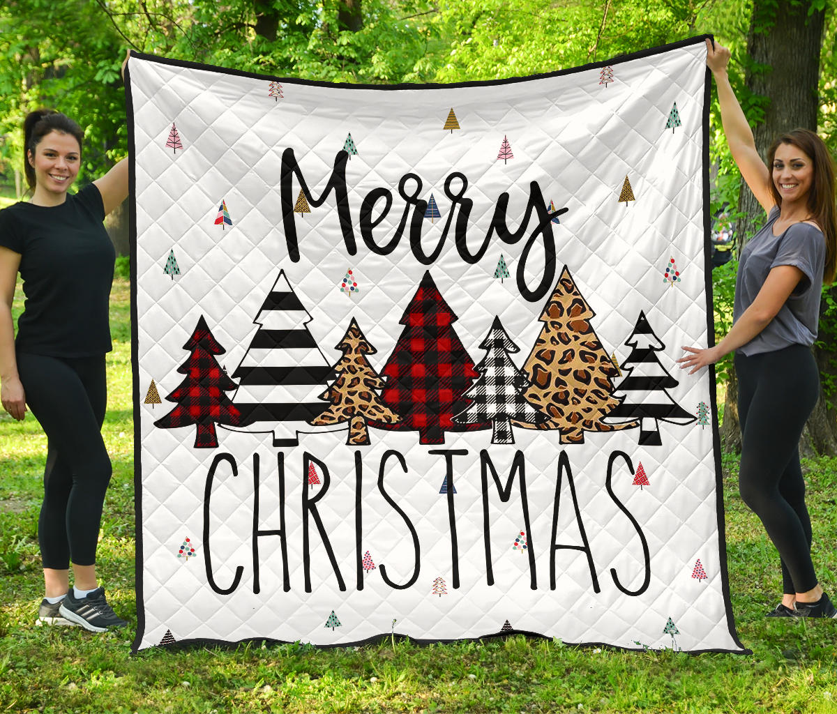 Christmas Premium Quilt | Merry Xmas Fabric Pattern Pine Tree Quilt Blanket