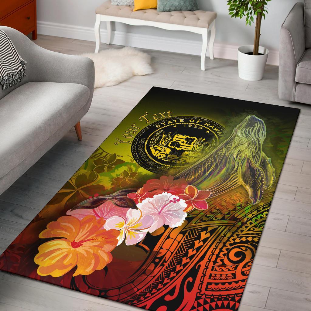 Polynesian Hawaii Custom Personalised Area Rug – Humpback Whale With Tropical Flowers (Yellow)