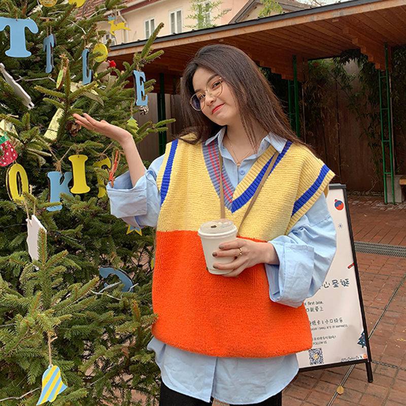 Women Vest Casual V-Neck Patchwork Sweater Oversize Loose Pullover Sleeveless Women’s Clothing Korean Fashion Vintage Clothes alx