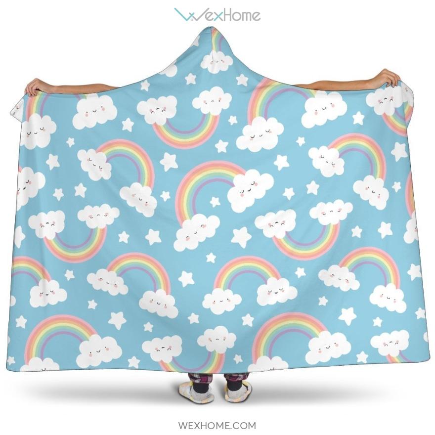 Cute Rainbow Clound Star Pattern Blue Background Hooded Blanket