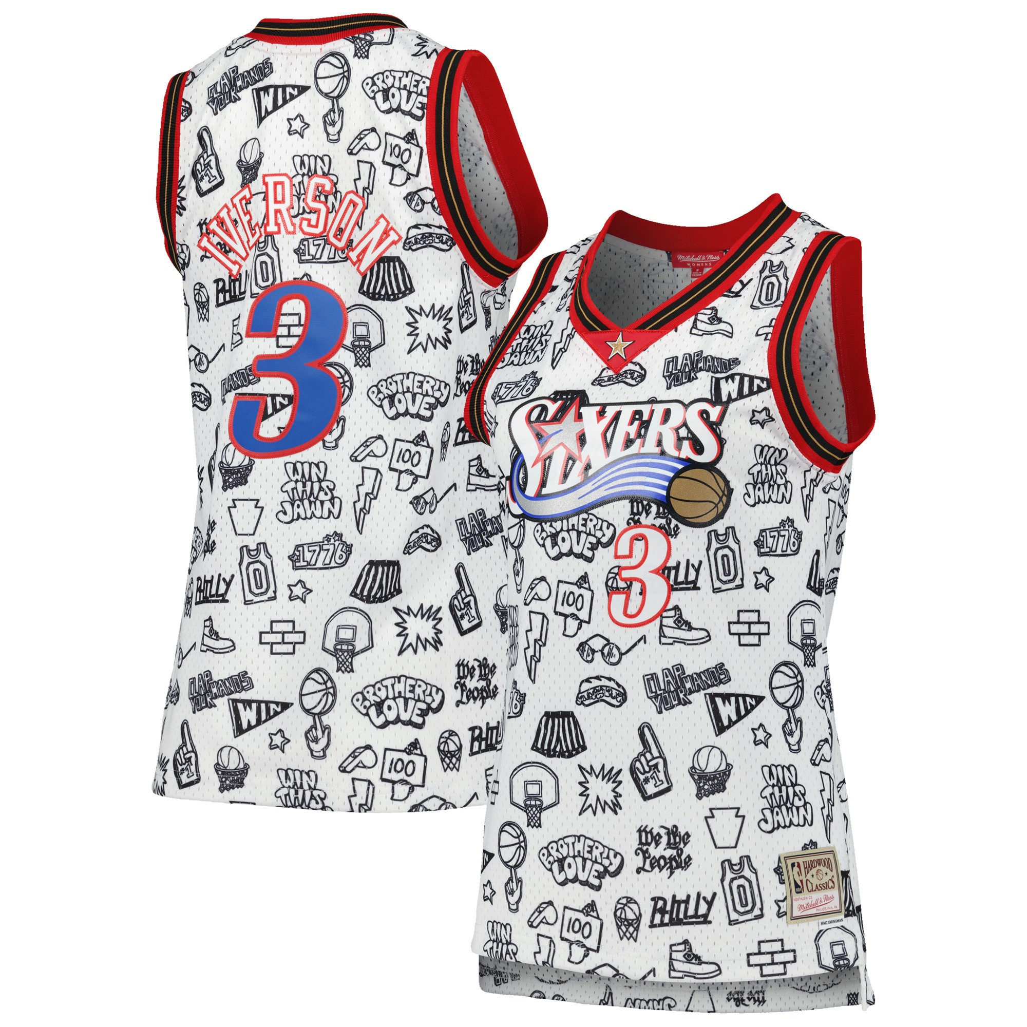 Allen Iverson Philadelphia 76ers Mitchell & Ness Womens 2000 Doodle Swingman Jersey – White NBA