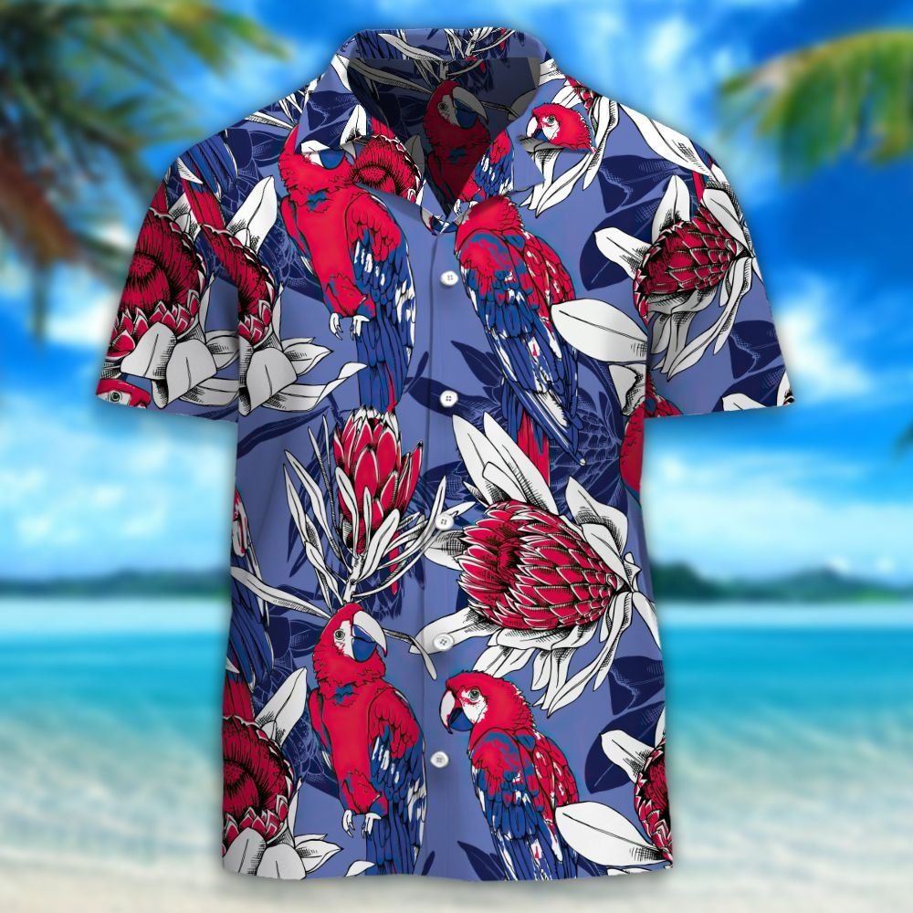 Parrots And Red Protea Flowers Hawaiian Aloha Shirt Hawaiian Shorts Beach Short Shirt