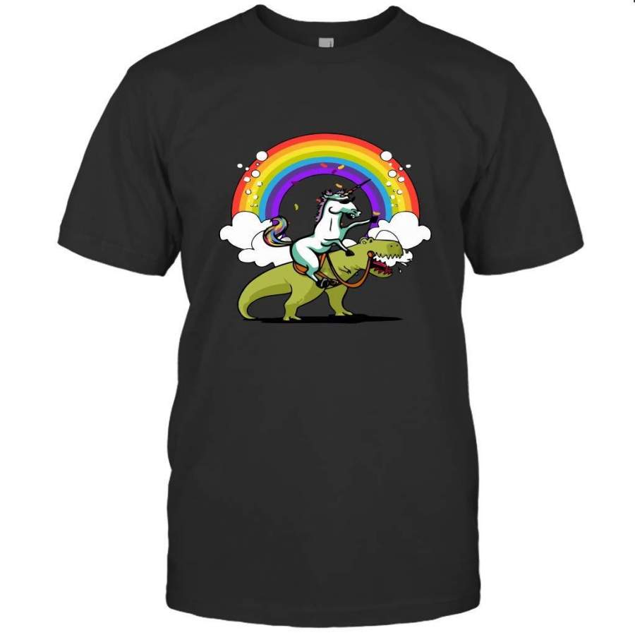 Unicorn Riding T Rex Party Dinosaur Colorful Rainbow T Shirt